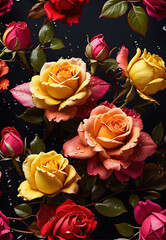 Flowers, a bunch of roses of different colors on a dark background