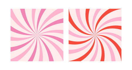 Candy color sunburst backgrounds. Abstract pink cream sunbeams design wallpaper. Colorful spinning lines for template, banner, poster, flyer. Sweet rotating cartoon swirl or whirlpool set