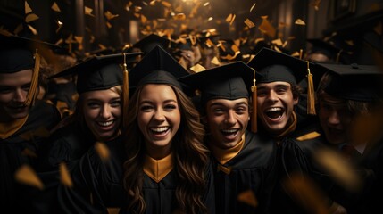 Happy time graduation, university institute school, graduation mantle and cap, joy group, receiving Bachelor Specialist Master degree, group selfies, classroom auditorium , toss up valedictorian hat.