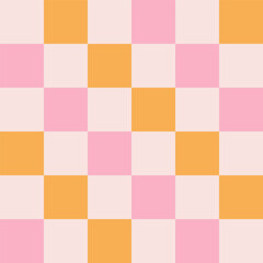 Checkerboard retro groovy background. Geometric pastel square texture in vintage Y2K style. Hippie 70s pattern. Plaid pattern background. Pink and yellow colors.