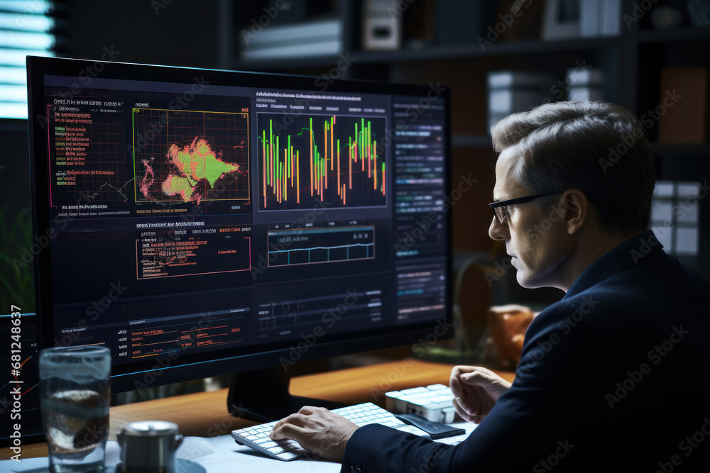 Poster a financial ai analyzing vast datasets to detect anomalies and potential fraud, showcasing the vigil