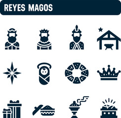 Three Kings Day icons. Vector set of the Three Wise Men. Filled icon design. January 6th tradition, toys and gifts.
