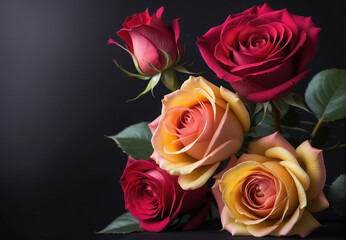 Flowers, a bunch of roses of different colors on a dark background, space for text, banner