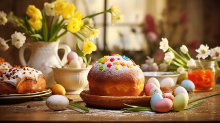Fototapeta na wymiar Easter bread and colorful painted eggs arranged on an elegantly set table with spring flowers