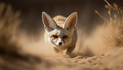 Fluffy red fox running in grass, alertness in animal eye generated by AI
