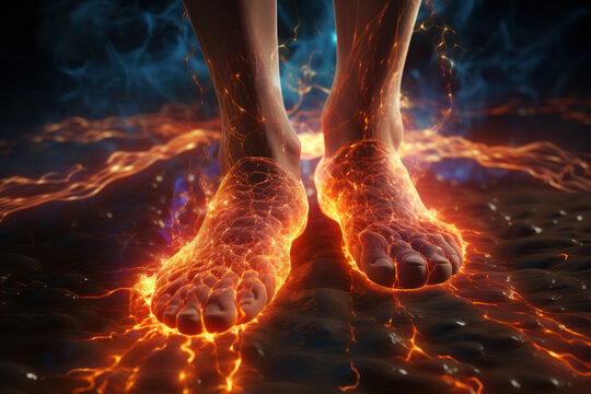A tingling and burning sensation in the hands and feet, often linked to peripheral neuropathy or diabetes. Concept of diabetic neuropathy. Generative Ai.