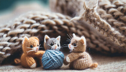  baby cat dolls, cute playing cats. wool kittens   ,ai generated - obrazy, fototapety, plakaty