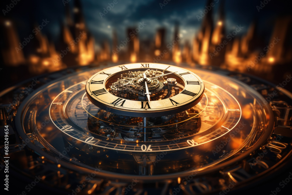 Poster a clock ticking, portraying the evolution of concepts over time and the dynamic nature of innovative
