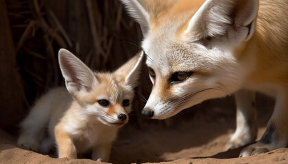 Fototapeta premium Fluffy red fox puppy playing outdoors with selective focus generated by AI