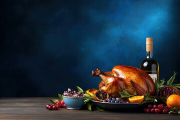 Thanksgiving Day. Roast Turkey with vegetables and fruits. holiday and wine. place for text. copy space. blue background