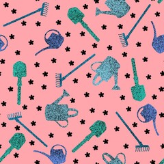 Garden tools seamless shovels and watering can and rake pattern for wrapping paper and fabrics and linens