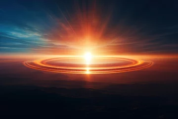 Zelfklevend Fotobehang A rare occurrence of a sun halo encircling the solar disc, captivating observers with its celestial allure. Concept of atmospheric optics. Generative Ai. © Sebastian