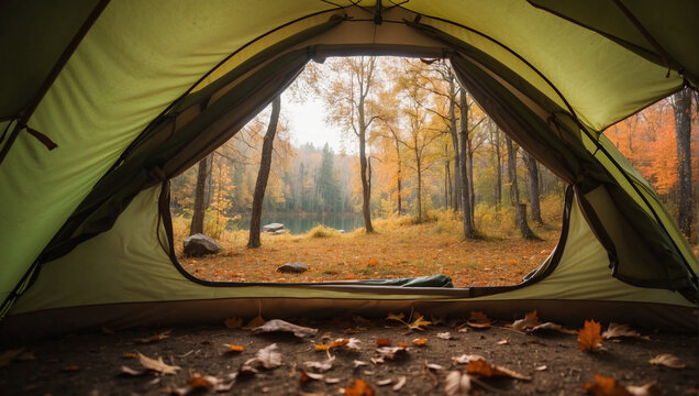 Beautiful autumn forest view from the inside of a camping green tent