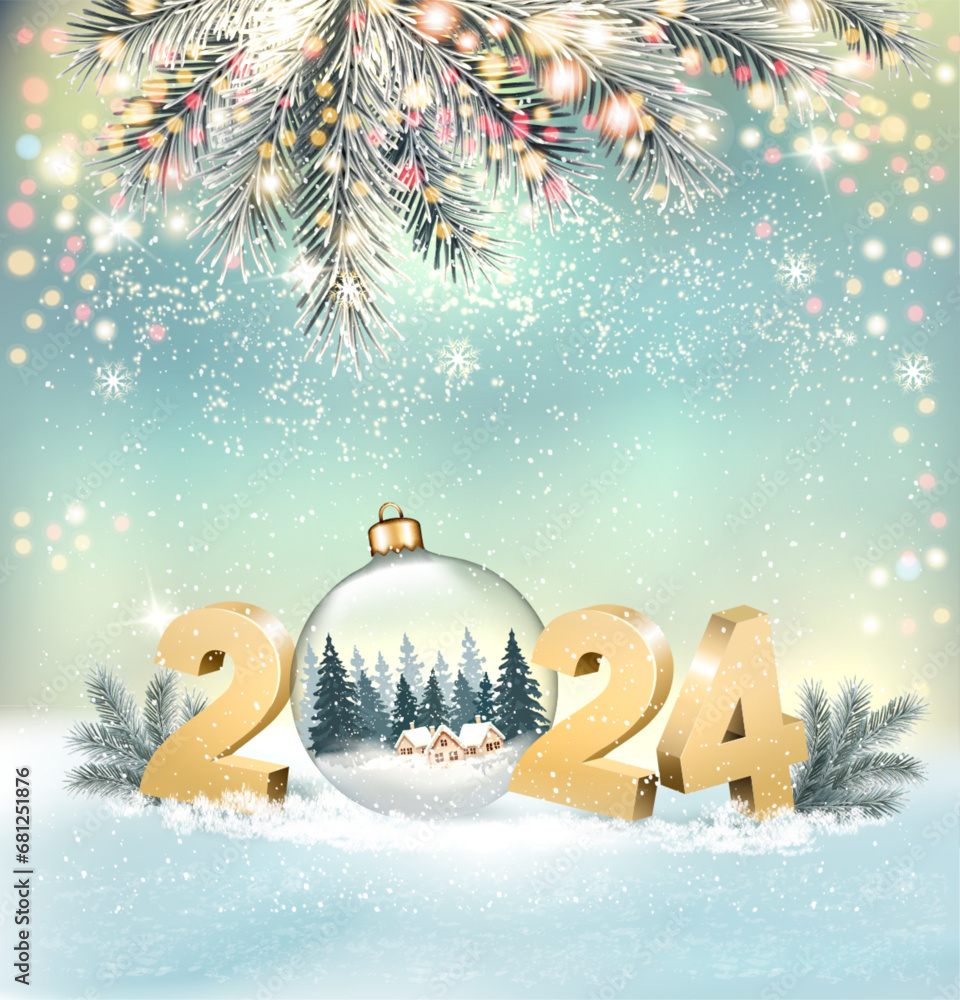 Aufkleber Merry Christmas and Happy New Year Background with 2024 and transparent ball and branches of christmas tree. Vector