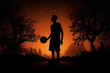 Silhouette of a Basketball Player Holding a Basketball Against Sunset Generative AI