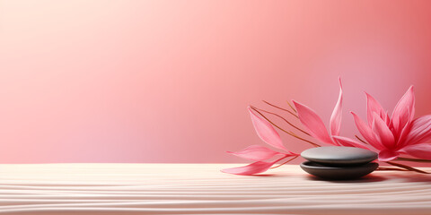 Zen stones, velvet sand and lotus flower on pink background witn copy space, wellness and harmony,...