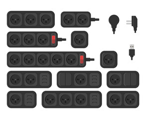 power outlet plug extension strip israeli type h set vector flat illustration