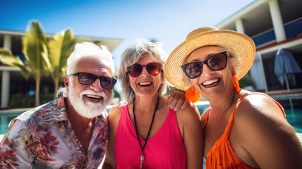 Three happy seniors share joyful moment under tropical sun in Vacation, resort setting, radiant smiles and holiday attire reflecting a carefree retirement lifestyle, Retirement and Leisure concept