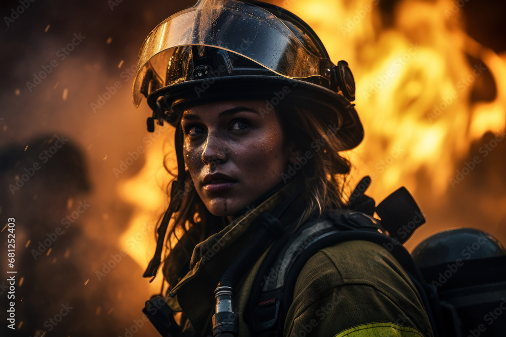 Poster A woman firefighter courageously battling flames to save lives and property. Concept of bravery and public service. Generative Ai.