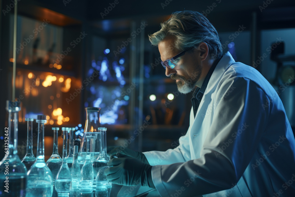 Poster a scientist in a lab coat conducting groundbreaking experiments in a high-tech laboratory. concept o