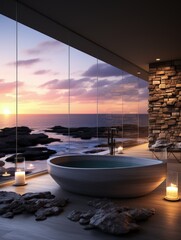 Obraz na płótnie Canvas Bathroom design planning, luxury style flawless , relaxing place with a view of the sea scenery, magnificent original design. Toilet room for hygiene, space for spa.