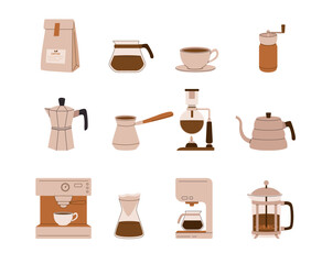 Coffee brewing equipment and accessories icon set. Vector illustration. Coffee cup, espresso machine, french press, geyser, siphon, cezve, grinder, beans, filter