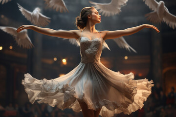 A graceful ballerina performing a mesmerizing dance on a grand stage. Concept of artistic...