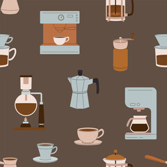 Seamless pattern with coffee machine, accessories, brewing tools, cup, grinder, cezve, pot, french press. Perfect for cafe, coffeeshop, packaging, wrapping paper