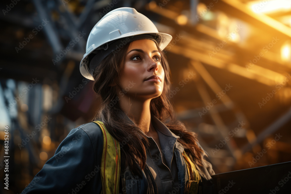 Poster a woman engineer overseeing a major construction project, contributing to infrastructure and develop