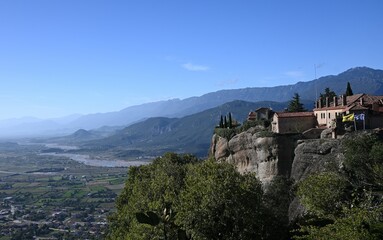 Aerial View of Greek Valley near the Meteora Monasteries with  St. Stephen Monastery on the Rocks