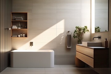 Fototapeta na wymiar Minimalist Bathroom with Sunlight and Wooden Details