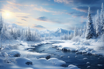A Christmas card inspired by winter wonderlands, capturing the enchantment of snow-covered landscapes. Generative Ai.
