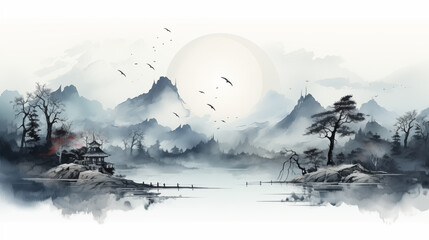 Chinese traditional landscape painting. Watercolor hand drawn illustration. Landscape with Chinese temple on the lake.
