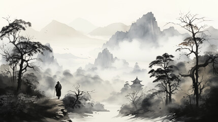 Digital painting of a man standing in the middle of a misty valley