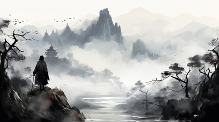 Digital painting of a monk standing on a cliff above the river. - obrazy, fototapety, plakaty