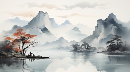 Ink painting in traditional Chinese, Japanese style with a boat on the river and mountains in the background