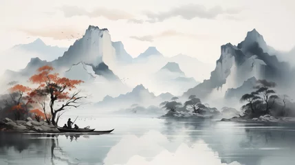 Poster Ink painting in traditional Chinese, Japanese style with a boat on the river and mountains in the background © Vadym Hunko