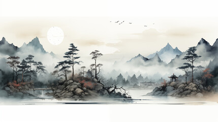 Panoramic view of misty mountains and river. Digital painting.