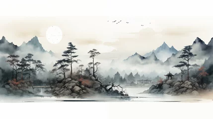  Panoramic view of misty mountains and river. Digital painting. © Vadym Hunko