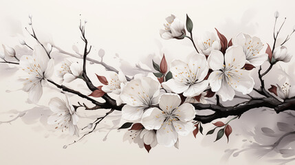 Branch of cherry blossoms with flowers and leaves on a white background