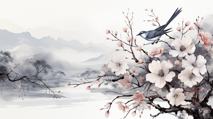 Watercolor painting of cherry blossom with bird on white background. - obrazy, fototapety, plakaty