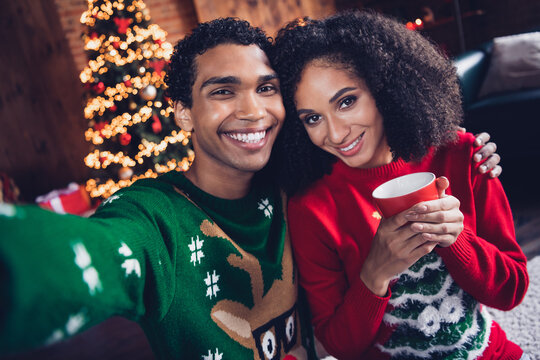 Portrait of two peaceful cute partners cuddle drink hot chocolate make selfie new year tree lights flat indoors