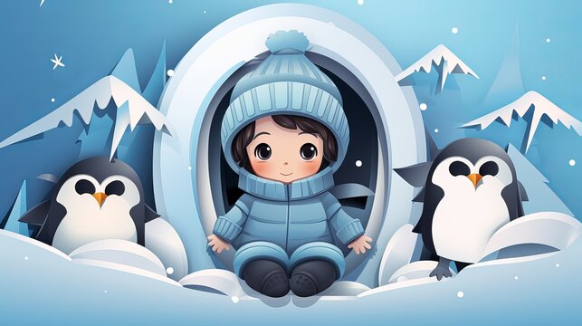 Cute child with penguin in paper art style