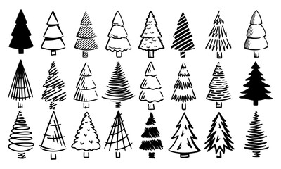 Christmas trees set in a simple style hand drawn. Xmas trees isolated on a white background. Icon design. Vector illustration