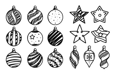Christmas tree toys set with ornaments. Xmas balls, stars, drops in a simple style isolated on a white background. Icon design. Vector illustration