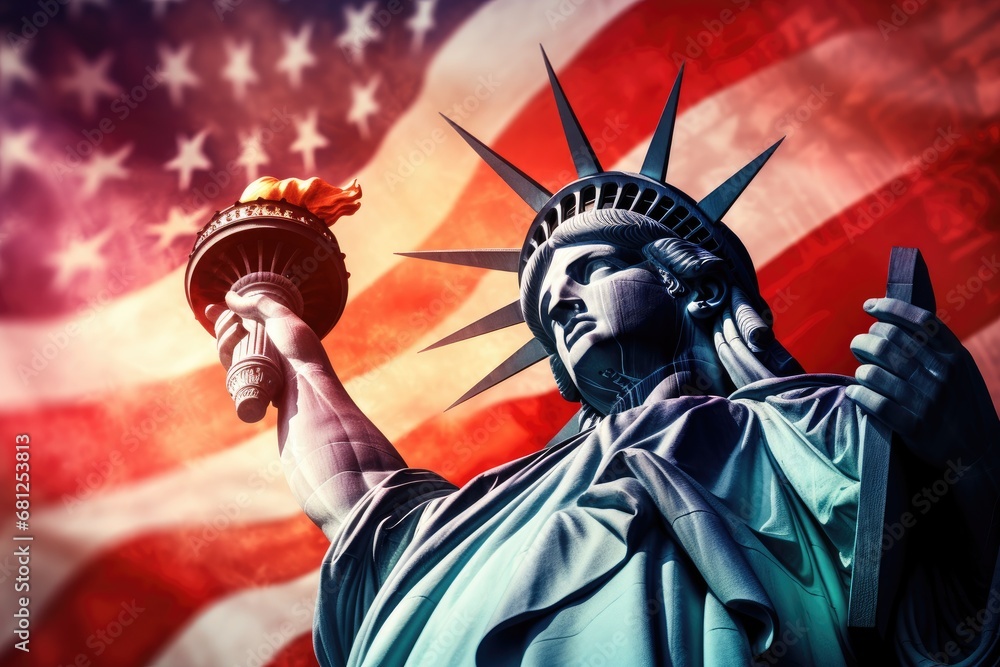 Poster an image of a statue of liberty in front a colorful american flag generative ai