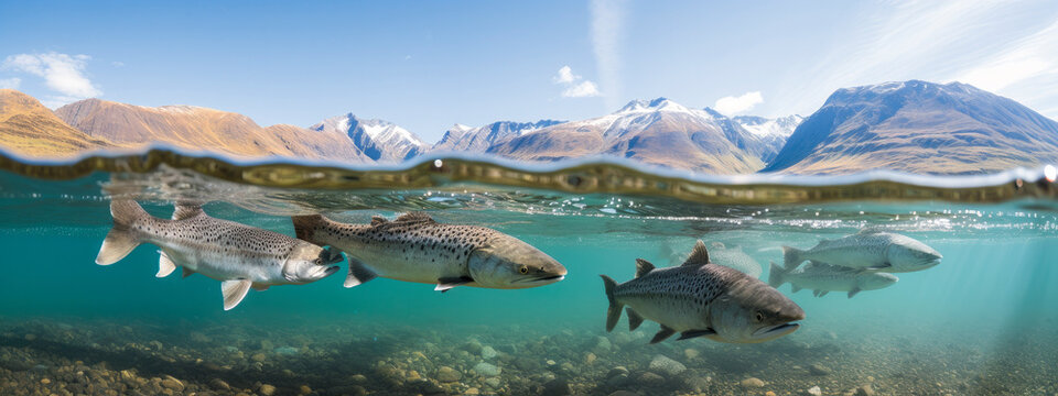 group of wild salmon fishes swimming in a high mountain lake