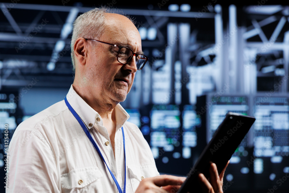 Poster senescent technician in cryptocurrency mining farm with specialized servers using blockchain technol