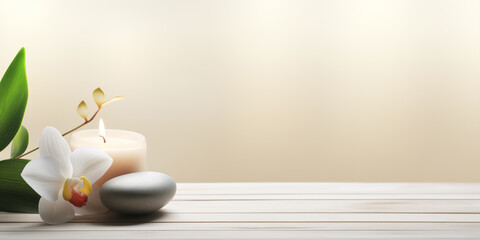 Zen stone, candle and orchid flower on simple white background witn copy space, wellness and harmony, massage and bodycare, spa and wellness concept - obrazy, fototapety, plakaty