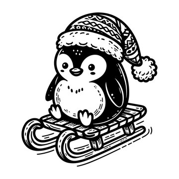 recommend clip art: Cute penguin riding on sledge Christmas sketch